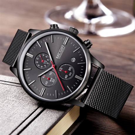 Megir Quartz-Watch Black Men Watches 2017 Luxury Brand Chronograph Watches Men Clock Stainless Steel Men Hodinky Relojes Hombre